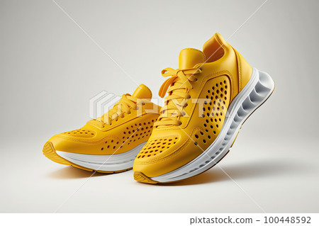 Flying yellow leather womens sneaker isolated on white background. Illustration AI Generative 100448592