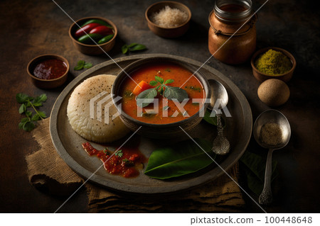 Idli sambar or Idli with sambhar and green red chutney Illustration AI Generative Idli sambar or Idli with sambhar and green red chutney Illustration AI Generative 100448648