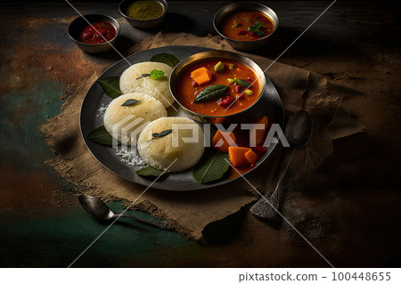 Idli sambar or Idli with sambhar and green red chutney Illustration AI Generative Idli sambar or Idli with sambhar and green red chutney Illustration AI Generative 100448655