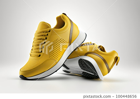 Flying yellow leather womens sneaker isolated on white background. Illustration AI Generative Flying yellow leather womens sneaker isolated on white background. Illustration AI Generative 100448656