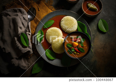 Idli sambar or Idli with sambhar and green red chutney Illustration AI Generative Idli sambar or Idli with sambhar and green red chutney Illustration AI Generative 100448667