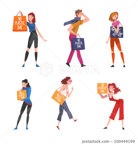 People Character with Bag and Placard with No Plastic Bag Inscription Vector Set 100449199