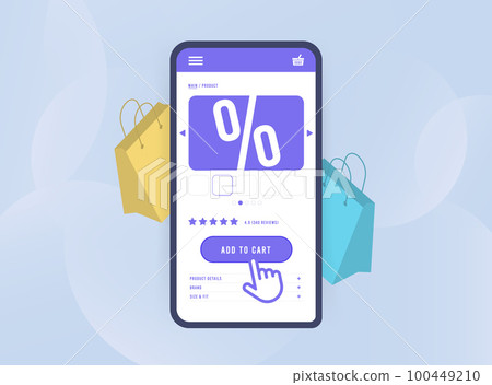 eCommerce app - convenience of mobile commerce concept. E-shopping mobile commerce application with realistic product page, cursor clicking on add to cart button and shopping bag on the background eCommerce app - convenience of mobile commerce concept. E-shopping mobile commerce application with realistic product page, cursor clicking on add to cart button and shopping bag on the background 100449210