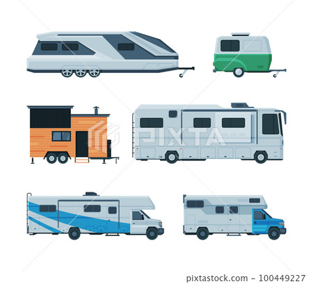 Caravan or Travel Trailer as Towed Behind Road Vehicle Side View Vector Set Caravan or Travel Trailer as Towed Behind Road Vehicle Side View Vector Set 100449227