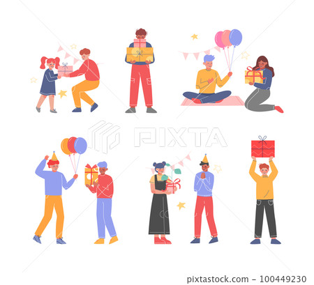 Joyful Teen Boy and Girl Celebrating Birthday Giving Gift Box Vector Set 100449230