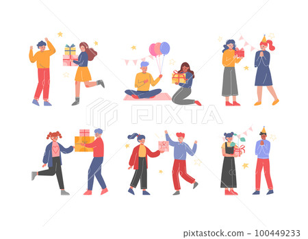Joyful Teen Boy and Girl Celebrating Birthday Giving Gift Box Vector Set Joyful Teen Boy and Girl Celebrating Birthday Giving Gift Box Vector Set 100449233