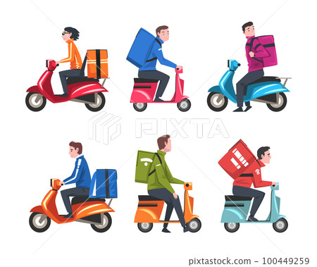 Food Delivery Courier Service with Man on Scooter Carrying Bag Vector Set Food Delivery Courier Service with Man on Scooter Carrying Bag Vector Set 100449259
