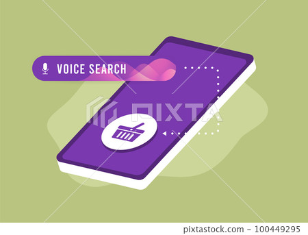 Voice Search shopping e-commerce business concept. Voice-enabled speech recognition search digital marketing strategy. Sound recognition illustration with search bar, smartphone and add to basket icon 100449295