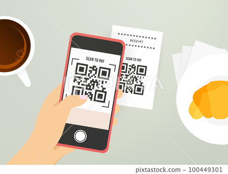 QR code payment concept. Hand holding smartphone that scans QR code on check for contactless payment in cafe. Convenience and speed of mobile payments. Suitable for e-commerce and finance visuals 100449301