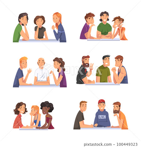 Group of People Character Sitting at Desk Recording Podcast Vector Set 100449323