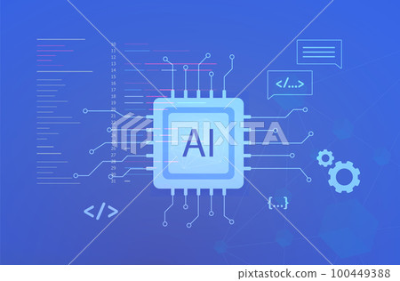 AI - Artificial intelligence concept. Deep learning technologies, data mining. Code creation, communication, writing articles, creating graphic illustrations using neural AI networks illustration 100449388