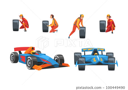 Pit Stop Crew Member Changing Tire Wheel Engaged in Maintenance of Racing Car Vector Set 100449490