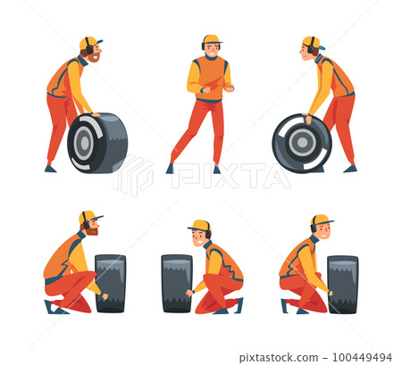 Pit Stop Crew Member Changing Tire Wheel Engaged in Maintenance of Racing Car Vector Set 100449494