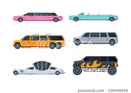 Limousine as Long Wheelbase Luxury Urban Transport Vector Set 100449569