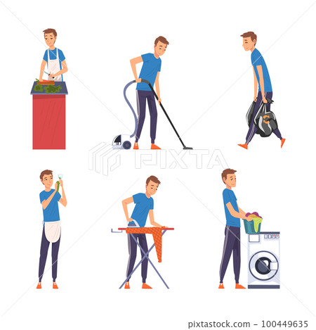 Young Man Doing Domestic Chores and Cleanup Vector Set Young Man Doing Domestic Chores and Cleanup Vector Set 100449635