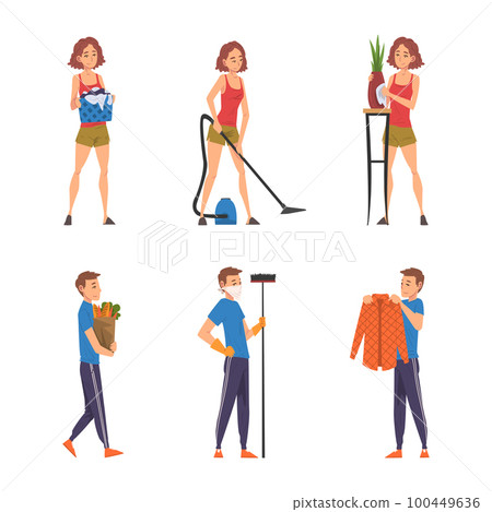 Man and Woman Doing Domestic Chores and Cleanup Vector Set Man and Woman Doing Domestic Chores and Cleanup Vector Set 100449636