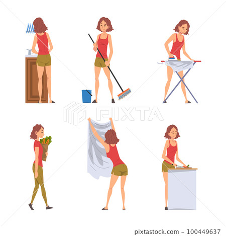 Woman Housewife Doing Domestic Chores Vector Set 100449637