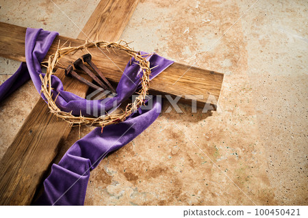 Lent season, Holy week and Good friday concept. Cross With three Nails And Crown Of Thorn on stone background Lent season, Holy week and Good friday concept. Cross With three Nails And Crown Of Thorn on stone background 100450421