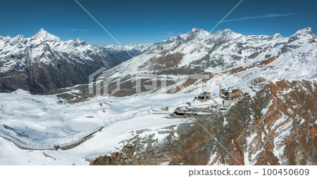 The Gorner Glacier Gornergletscher in Switzerland, second largest glacier in the Alps. Beautiful aerial panoramic view of the glacier. Eco global warming. 100450609