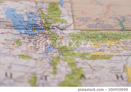 Close up detail of colorful map focusing on Salt Lake City, Utah through selective focus, background blur. High quality photo Close up detail of colorful map focusing on Salt Lake City, Utah through selective focus, background blur. High quality photo 100450699