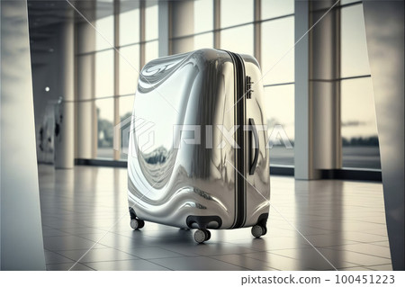 silver suitcase in airport hall or train station .Generative AI 100451223