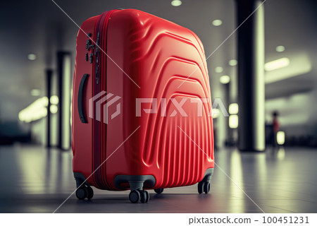 red suitcase in airport hall or train station .Generative AI red suitcase in airport hall or train station .Generative AI 100451231