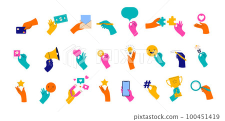 Collection of colorful Hands holding stuff. Money, jigsaw, social media icons, communication and 100451419