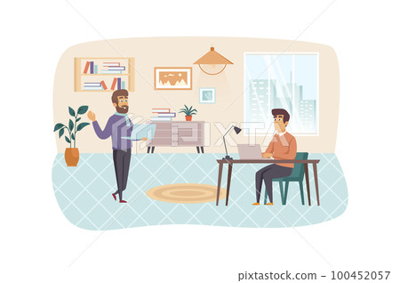 Office manager administers and organizes office work scene. Employee working on laptop. Management, business workflow optimization concept. Vector illustration of people characters in flat design 100452057