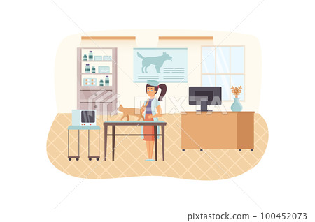 Veterinary clinic scene. Female veterinarian examining cat. Doctor s office interior. Vet medicine, pet care, healthcare, medical concept. Vector illustration of people characters in flat design 100452073