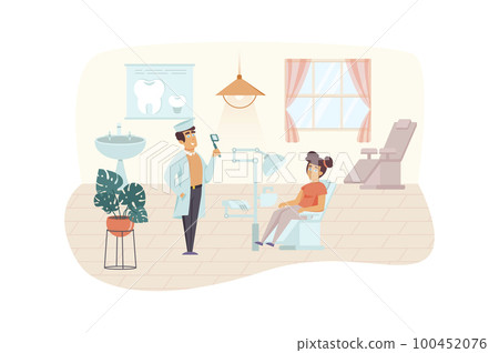 Dentist examines female patient scene. Woman visiting dental clinic for check up or treatment procedure. Medical center, healthcare concept. Vector illustration of people characters in flat design Dentist examines female patient scene. Woman visiting dental clinic for check up or treatment procedure. Medical center, healthcare concept. Vector illustration of people characters in flat design 100452076