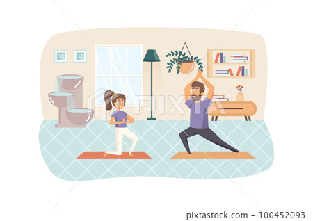 Couple exercising and practicing yoga asanas at home scene. Woman and man training. Sport activities, meditation, healthy lifestyle concept. Vector illustration of people characters in flat design Couple exercising and practicing yoga asanas at home scene. Woman and man training. Sport activities, meditation, healthy lifestyle concept. Vector illustration of people characters in flat design 100452093