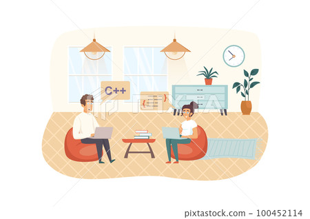 Developers testing software scene. Man and woman works on laptops in office, analyzing and fixing bugs in program code. App development concept. Vector illustration of people characters in flat design 100452114