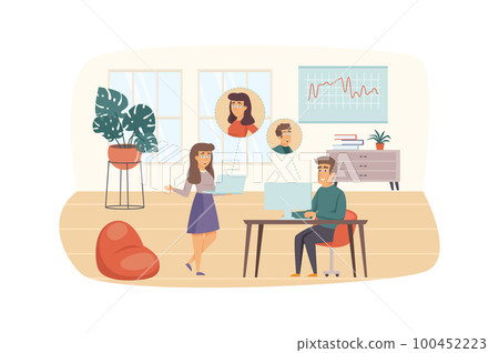 Man and woman make video calls in office scene. Colleagues communicate at video conference at laptop screens. Communication technology concept. Vector illustration of people characters in flat design Man and woman make video calls in office scene. Colleagues communicate at video conference at laptop screens. Communication technology concept. Vector illustration of people characters in flat design 100452223