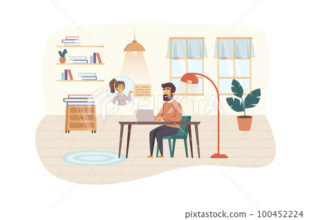 Video conferencing at home scene. Man have video call meeting with woman at laptop sitting at room. Online communication technologies concept. Vector illustration of people characters in flat design 100452224