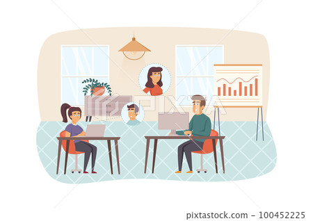 Video conference in office scene. Man and woman make video calls from laptops and communicate with colleagues. Communication technology concept. Vector illustration of people characters in flat design 100452225