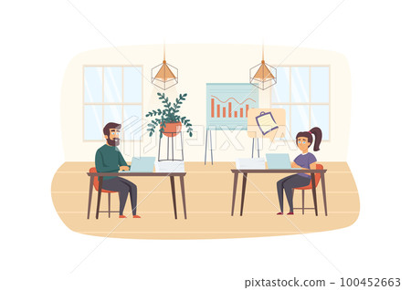 Team of content managers works on laptops in office scene. Creation content plan, website management, promotion in social networks concept. Vector illustration of people characters in flat design 100452663