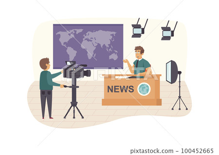 Filming television world news program scene. Operator recording video with man presenter at studio. Journalism, mass media and press concept. Vector illustration of people characters in flat design 100452665