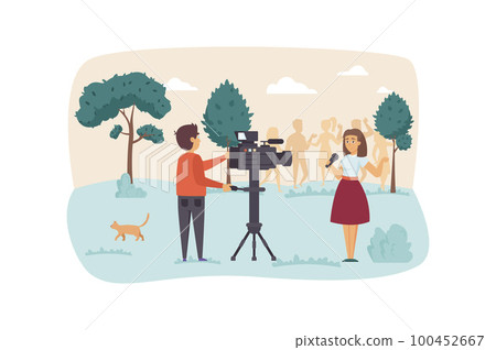 Journalist and film crew filming reportage at street scene. Operator records video with presenter. Journalism, mass media, press concept. Vector illustration of people characters in flat design 100452667