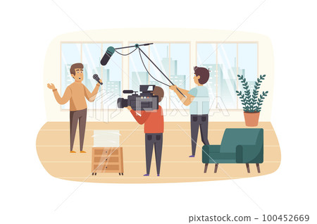 Journalist and film crew filming reportage indoors scene. Presenter tells news, operator records video. Journalism, mass media, press concept. Vector illustration of people characters in flat design Journalist and film crew filming reportage indoors scene. Presenter tells news, operator records video. Journalism, mass media, press concept. Vector illustration of people characters in flat design 100452669