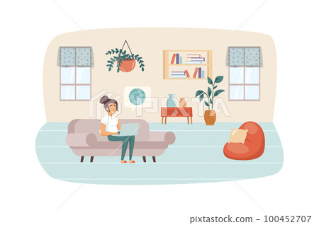 Woman studying using laptop sitting on couch in living room scene. Online education, e-learning, home schooling, distance learning concept. Vector illustration of people characters in flat design Woman studying using laptop sitting on couch in living room scene. Online education, e-learning, home schooling, distance learning concept. Vector illustration of people characters in flat design 100452707