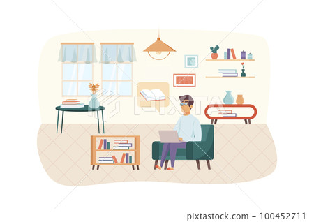 Man watching online course or reading e-book at laptop sitting in living room scene. E-learning, online education, home schooling concept. Vector illustration of people characters in flat design 100452711