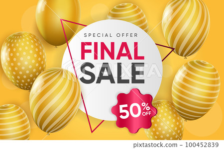 3d poster of Final Sale realistic design. Promotional flyer template for shop website background. Special offer with to 50 percent off price on label. Vector illustration of advertising web banner 100452839