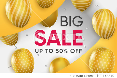 3d poster of Big Sale with to 50 percent off in realistic design. Promotional flyer template for shop website background. Purchases, discount prices. Vector illustration of advertising web banner 100452840