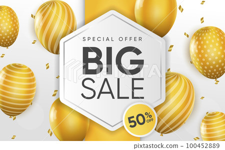 3d poster of Big Sale in realistic design. Special offer to 50 percent off discount price website background with yellow balloons. Shopping, saving money. Vector illustration of advertising web banner 100452889