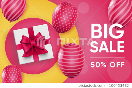 3d poster of Big Sale to 50 percent off with balloons in realistic design. Special offer discount prices website background. Customer loyalty program. Vector illustration of advertising web banner 100453482