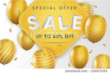 3d poster of Sale up to 50 percent off discount price with yellow balloons in realistic design. Profitable offer for shop website background. Retail. Vector illustration of advertising web banner 100453484