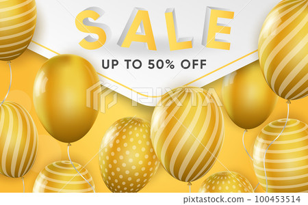 3d poster of Sale to 50 percent off with yellow balloons in realistic design. Discount price offer. Flyer template for shop promotion website background. Vector illustration of advertising web banner 100453514