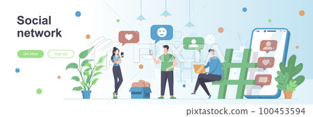 Social network landing page with people characters. Online messaging service web banner. chatting mobile application vector illustration. Flat concept Social network landing page with people characters. Online messaging service web banner. chatting mobile application vector illustration. Flat concept 100453594