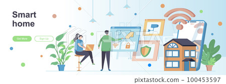 Smart home landing page with people characters. Automatic systems engineering web banner. Smart house management solution vector illustration. Flat concept 100453597
