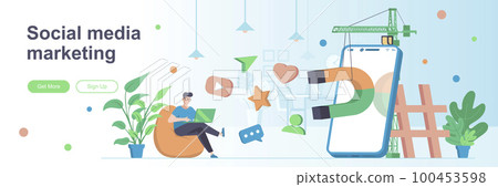 Social media marketing landing page with man. Social network marketing campaign web banner. Attraction of new clients vector illustration. Flat concept 100453598